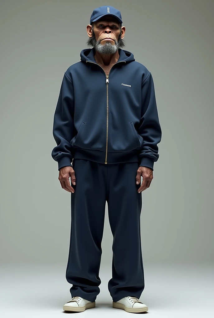 A civilized-looking homo neanderthalensis with a closed sports jacket, navy blue cap and wide pants