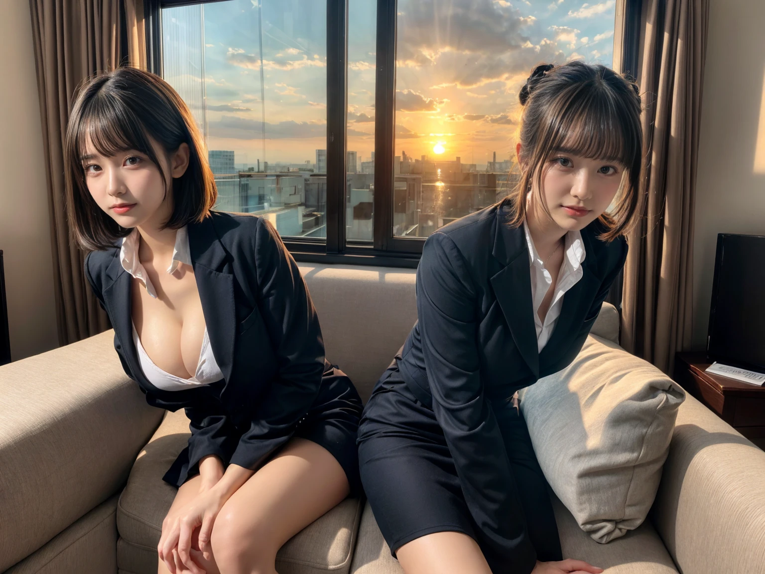 masterpiece, best quality, illustration, Super detailed, fine details, High resolution, 8K,wall paper, perfect dynamic composition,(Details High quality, realistic depiction of eyes:1.3), (2 girls), short hair, Office Lady, ,Suit,Collared shirt, Black Suit,Black jacket, updo, huge breasts, black hair color, Big Natural Color Lip, bold sexy pose, crying a little、Harajuku style、20 year old girl、cute type、lolita、beautiful legs, hotel room, full body photo、focus on crotch, hposing Gravure Idol, Sexy shot looking at camera, Sunset, by the window, Summer, make up, Curve