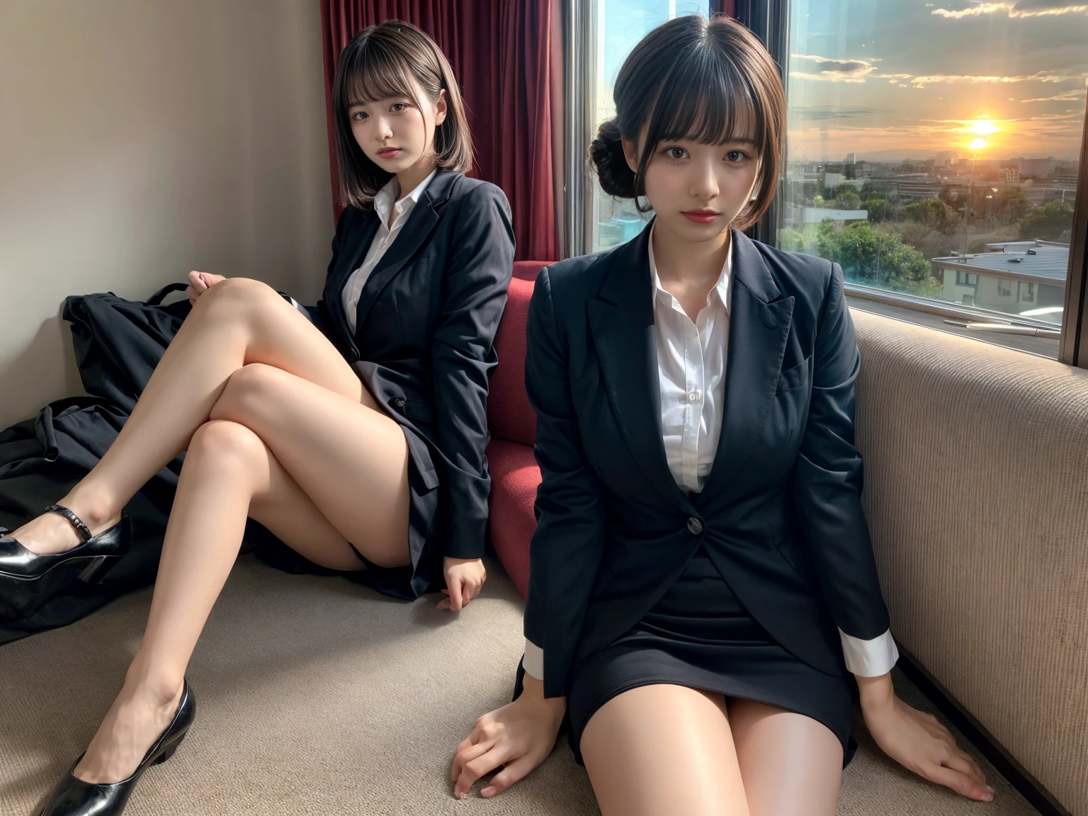 masterpiece, best quality, illustration, Super detailed, fine details, High resolution, 8K,wall paper, perfect dynamic composition,(Details High quality, realistic depiction of eyes:1.3), (2 girls), short hair, Office Lady, ,Suit,Collared shirt, Black Suit,Black jacket, updo, huge breasts, black hair color, Big Natural Color Lip, bold sexy pose, crying a little、Harajuku style、20 year old girl、cute type、ta、beautiful legs, hotel room, full body photo、focus on crotch, hposing Gravure Idol, Sexy shot looking at camera, Sunset, by the window, Summer, make up, Curve