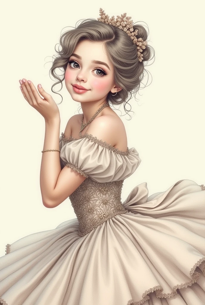 I want a drawing of a gurl wearing big frock and giving flying kiss