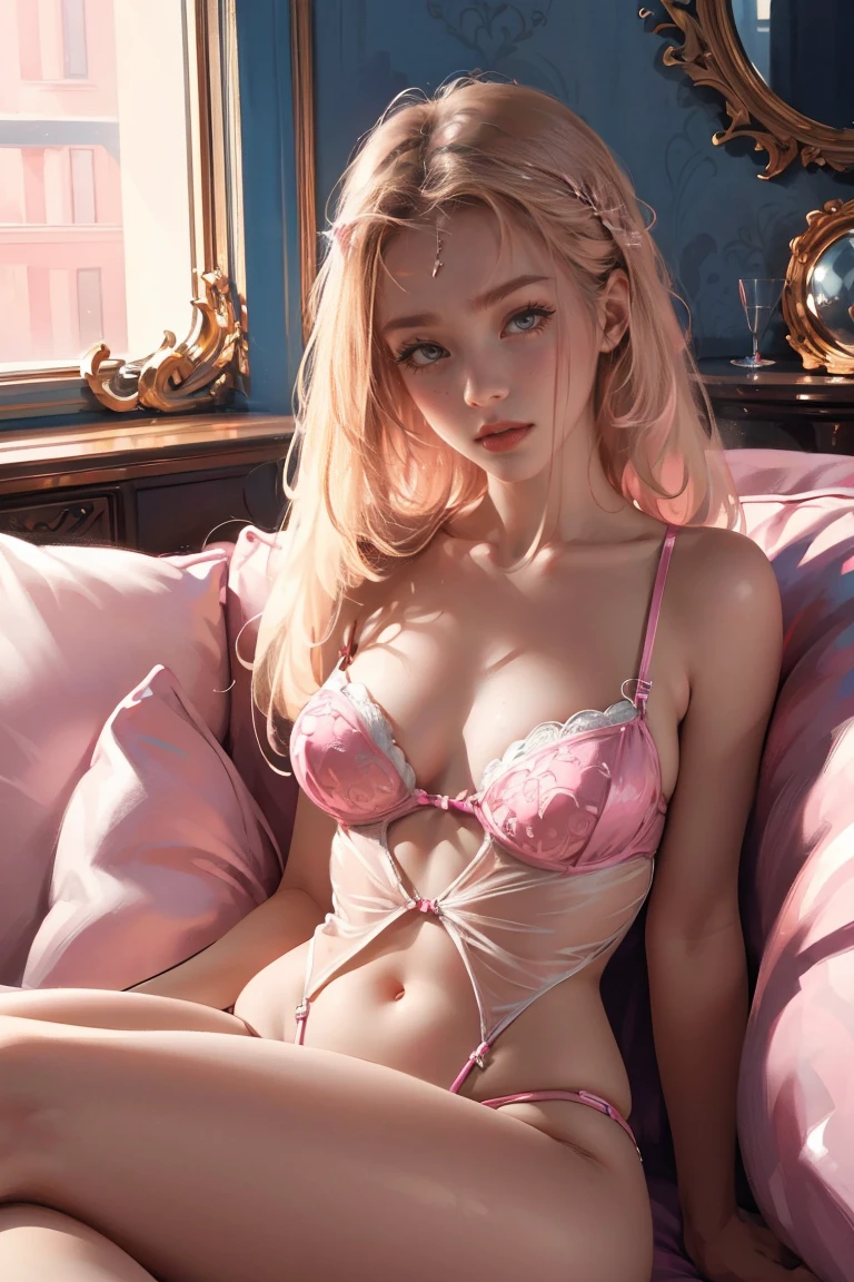 (photorealism:1.2), 5 beautiful young girls, sexy perfect faces, wearing super sexy sexy lingerie, European blonde and brunette straight hair, sitting sexy on pink couch, watching pink TV, in pink living room, realistic, intricate details