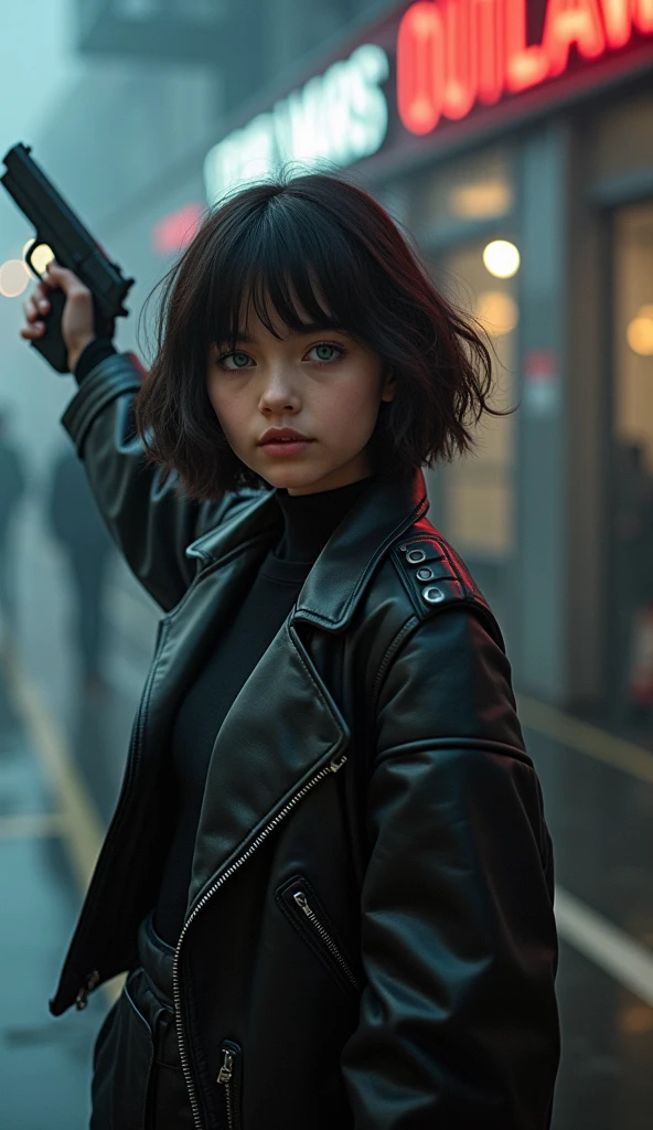 Captured from a high-angle, eye-level perspective, a medium-sized girl, dressed in a black leather jacket, holds a gun in her right hand. Her left hand is raised in the air, while her right arm rests on her hip. Her right arm is draped over her shoulder, adding a pop of color to the scene. The girl's hair is a dark brown, with bangs, and she's looking off to the side. Her eyes are a piercing blue, and her lips are a lighter shade of brown. Her hair is styled in a bob, with a slight smile on her face. The backdrop is blurred in the background there is 3D text that reads "Star Wars Outlaws" in the background at the top of the picture, creating a stark contrast to the girl.
