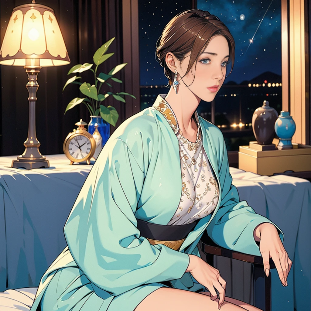 best quality, (masterpiece:1.2), illustration, absurd, (1 Girl, Solitary), (Beautiful and delicate girl), ((whole body, )),, Neck Macmillan, short hair, Orange Hair, blue eyes, Medium breasts, Sapphire crystal earrings, White jacket, , Cool, calm, Looking at the audience,, Elegant bedroom interior, night, window, curtain, Starry Sky, lamp, bookcase, nightstand, vase, table,Hanfu