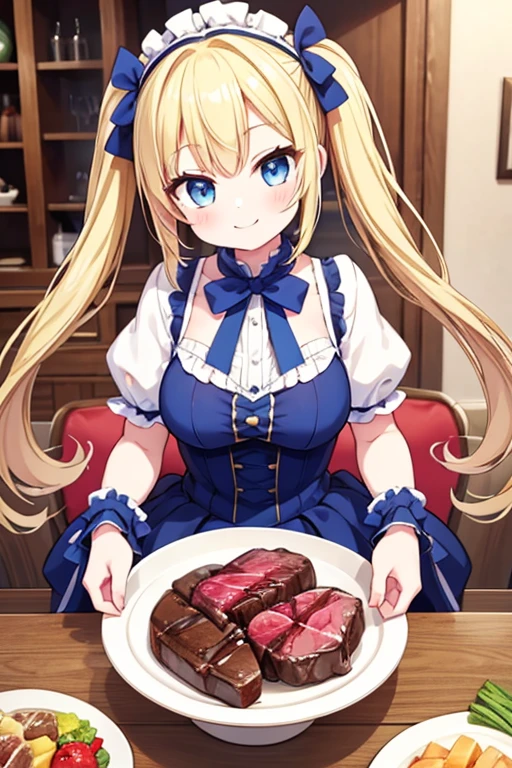 A happy smile,Large serving of beef steaks,large amount of steak,Highest quality,Blonde with blue eyes、****ta、Small breasts、Twin tails、girl&#39;enjoy,smile,bonnet,