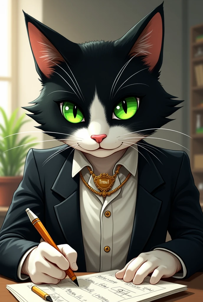 Un chat tuxedo aux yeux verts avec un collier où il est écrit Tybalt. Avec une béquille. En train de faire des calculs. 