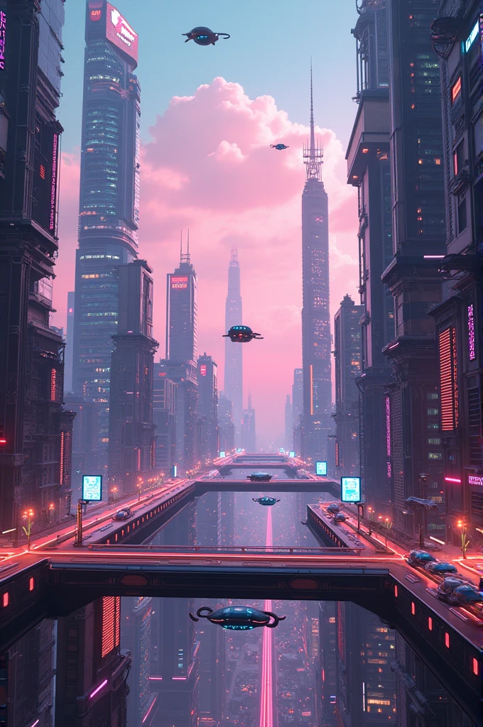 Generate a retro-futuristic cityscape with hovercars, skyways and neon lights