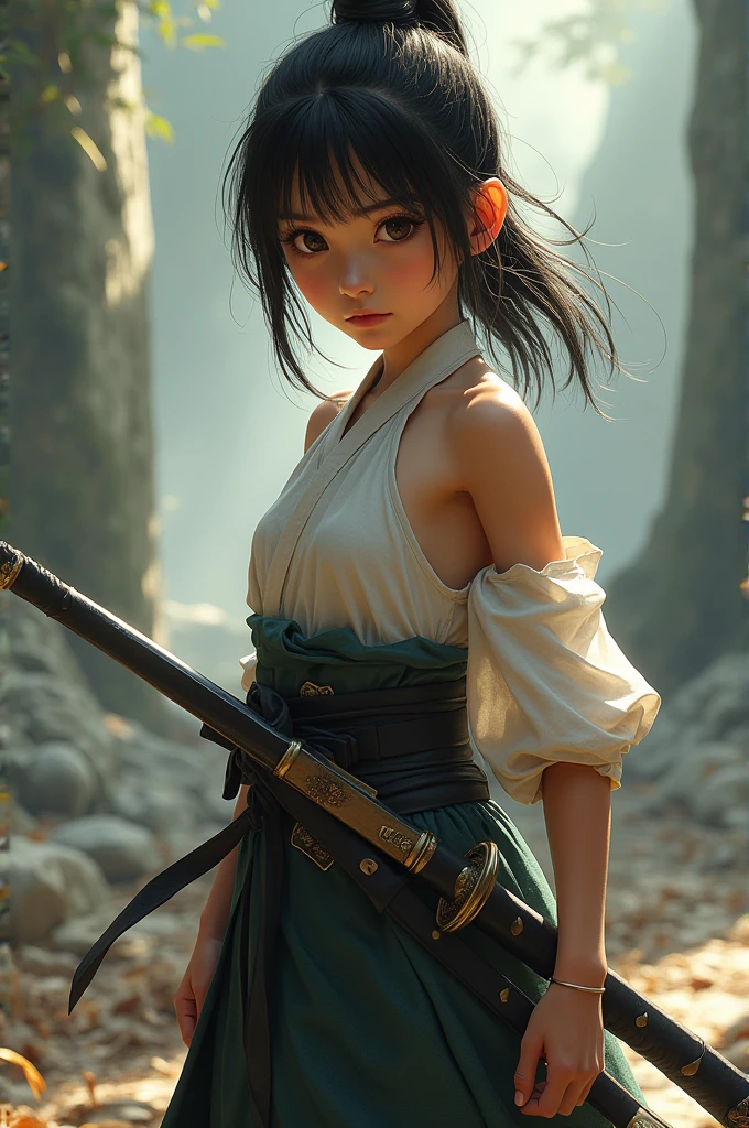 Samurai girl,, flipped up hair, boyish, short hair, no clothes, bare shoulders, bare belly button,short black hair tied back, wearing nothing, two Japanese swords across her waist, ((masterpiece, highest quality, Highest image quality, High resolution, photorealistic, Raw photo, 8K)), ((Extremely detailed CG unified 8k wallpaper)), (huge stunning goddess shot, very hot and sexy, jaw-dropping beauty, perfect proportions, beautiful body, slim body beauty:1.4),, , full body,