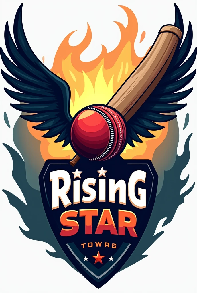 generate a unique cricket logo with cricket bat and boll with stamps , wings and name rising star