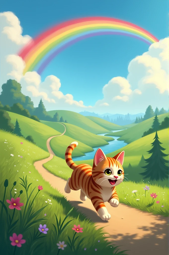 Whiskers ran through the fields, crossed the river, and climbed over hills, chasing the rainbow. But no matter how fast he ran, the rainbow always seemed to move further away. Whiskers didn't give up. He kept running and running, believing he would reach the end soon.