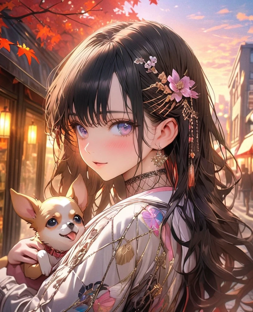 8k,Ephemeral beauty，Very delicate and beautiful,Beautiful and realistic skin,,Black Hair、Long and colorful hair,Beautiful Eyes,good,Beautiful sunset、dog(Chihuahua)hug、dogクリーム色、dogと散歩、Stylish cute clothes、autumn、city、street tree、hair ornamentsなし、hair ornamentsＮＯ
