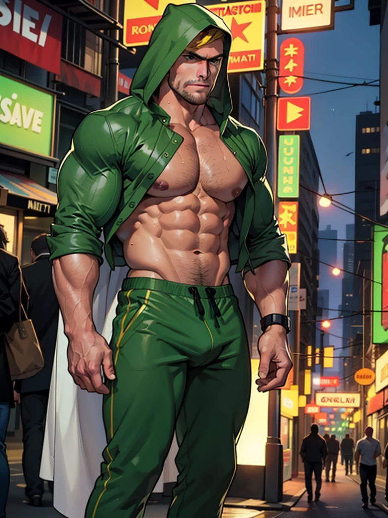 masterpiece, best quality, face, natural eyes, 1man, macho man,, muscled and mature, stephen amell as a green arrow wearing totally unbuttoned pants, shirtless , showing nipples sweating, tight cloth showing his muscles and bulge , full body , background city at night