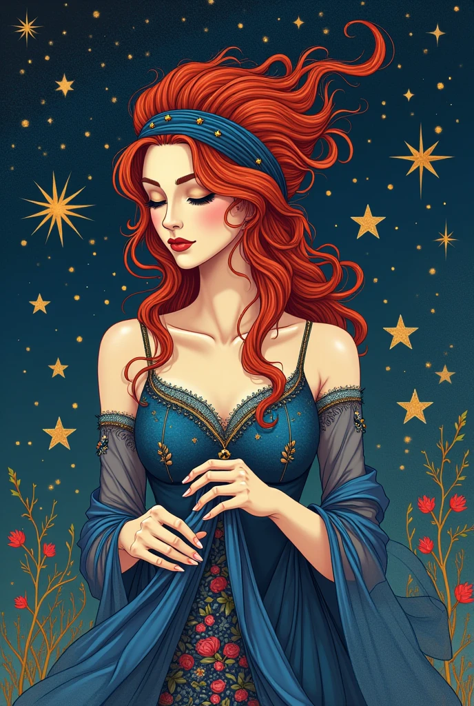 Logo d'une femme aux cheveux rouge avec un bandeau couleur saphir, elle coud dans un univers coloré et witchy