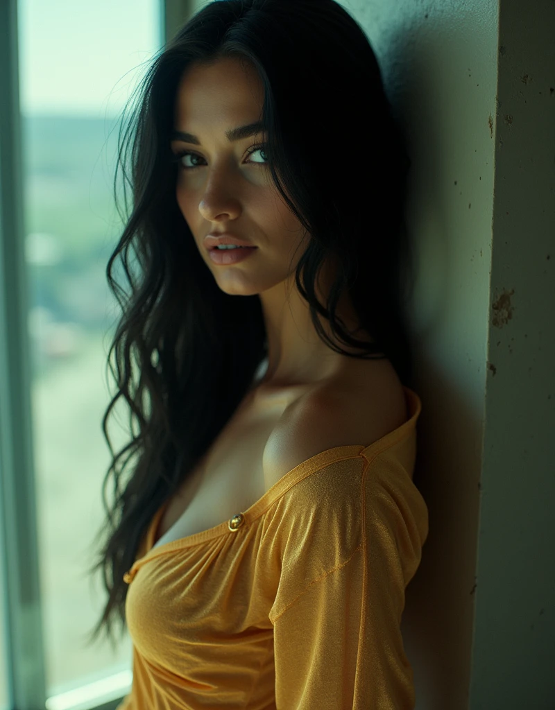 Beautiful woman, fatal woman, (long straight black hair), washed out colors, black eyes, in a modern transparent glass tower, Attractive Italian female model with long straight black hair, 2, hairy, left shoulder leaning against the wall, big boobs (man's shiny thin golden shirt with a heart design: 0.95) Lame fabric (Shiny Polyester, beautiful soft lighting, (color warm: 0.6), 3 studio lighting points, the curve of the chest is obvious. پیراهن مردانه. پارچه نازک