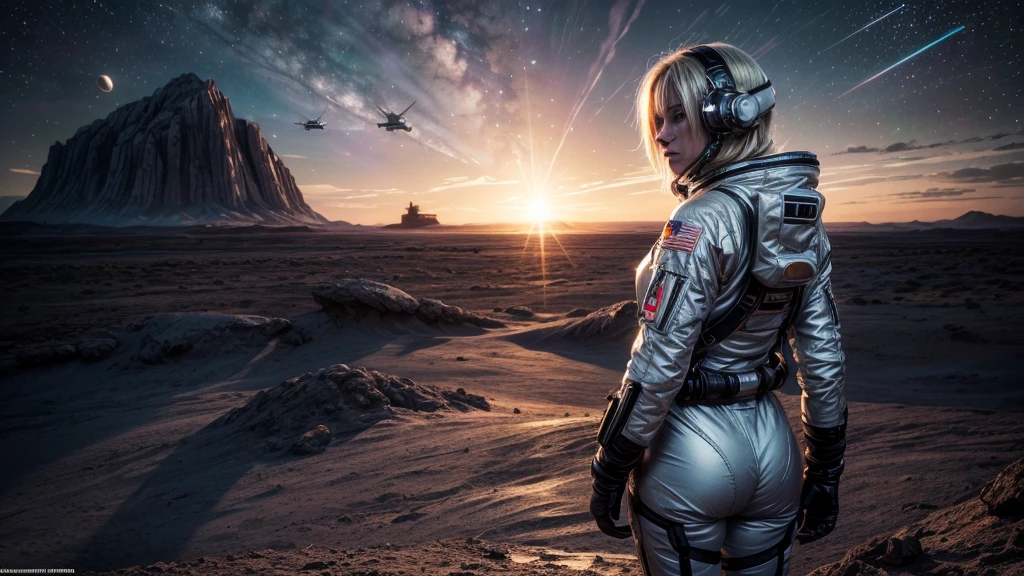 masterpiece, a beautiful blonde german girl lonely astronaut, desolate planetary landscape, space and stars, electric ambiance, utility belt, metallic gray zinc, science fiction, ultra high resolution. Photorealistic, 16k, UHD, HDR, Best quality, skin-tight astronaut suit, intricate, most fantastic details, ROUGH, Dramatic lighting, full body, spaceships in the sky, realistic reflections, sunrise, focus scale, , determined, dynamic posture, a military space complex in the background