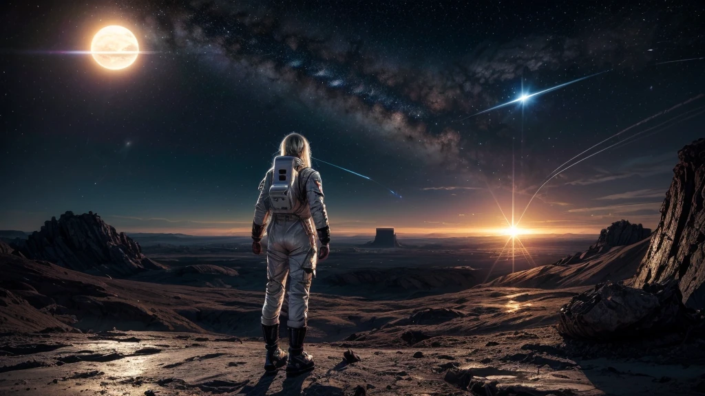 masterpiece, a beautiful blonde german girl lonely astronaut, desolate planetary landscape, space and stars, electric ambiance, utility belt, metallic gray zinc, science fiction, ultra high resolution. Photorealistic, 16k, UHD, HDR, Best quality, skin-tight astronaut suit, intricate, most fantastic details, ROUGH, Dramatic lighting, full body, spaceships in the sky, realistic reflections, sunrise, focus scale, , determined, dynamic posture, a military space complex in the background