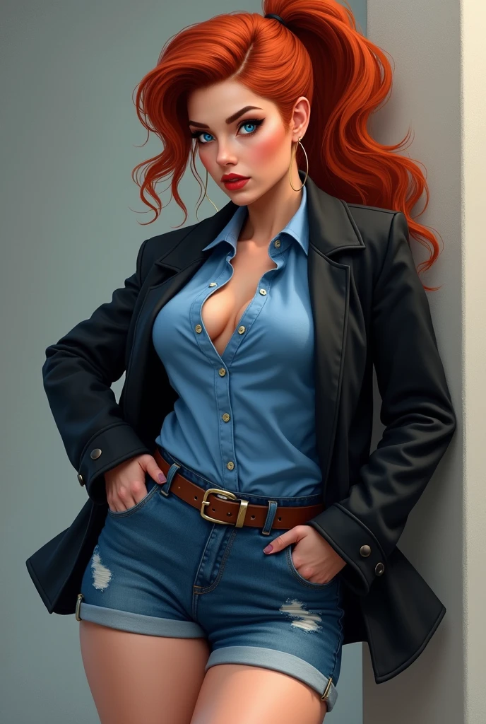 Redhead Woman with Big hips, blue shorts, black jacket and blue shirt with ponytail