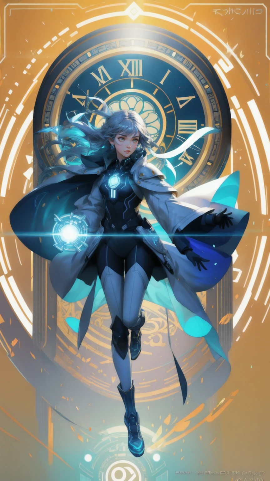 An art nouveau-inspired concept art of a beautiful girl in a futuristic suit jumping out of a glowing, intricate time travel machine, with elements that depict dynamic motion and time warping effects. The scene is set against a bright yellow background, with a visually captivating design that looks like promo art or the front cover of a new video game. The composition should be trending on platforms like Polycount, capturing the essence of a loading screen or key art for mobile and PC games, without any text