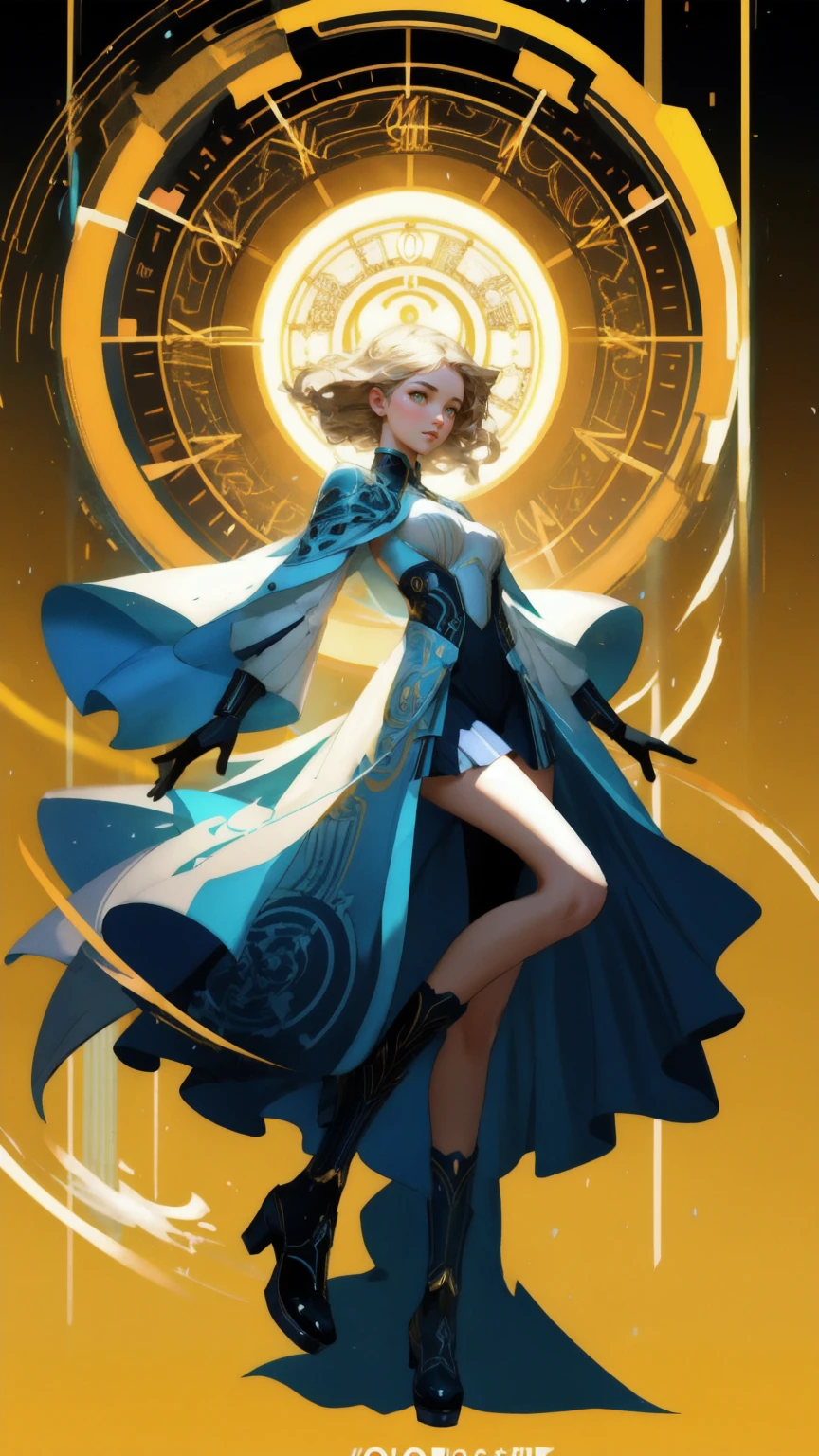An art nouveau-inspired concept art of a beautiful girl in a futuristic suit jumping out of a glowing, intricate time travel machine, with elements that depict dynamic motion and time warping effects. The scene is set against a bright yellow background, with a visually captivating design that looks like promo art or the front cover of a new video game. The composition should be trending on platforms like Polycount, capturing the essence of a loading screen or key art for mobile and PC games, without any text
