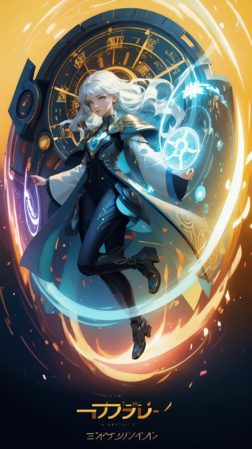 An art nouveau-inspired concept art of a beautiful girl in a futuristic suit jumping out of a glowing, intricate time travel machine, with elements that depict dynamic motion and time warping effects. The scene is set against a bright yellow background, with a visually captivating design that looks like promo art or the front cover of a new video game. The composition should be trending on platforms like Polycount, capturing the essence of a loading screen or key art for mobile and PC games, without any text