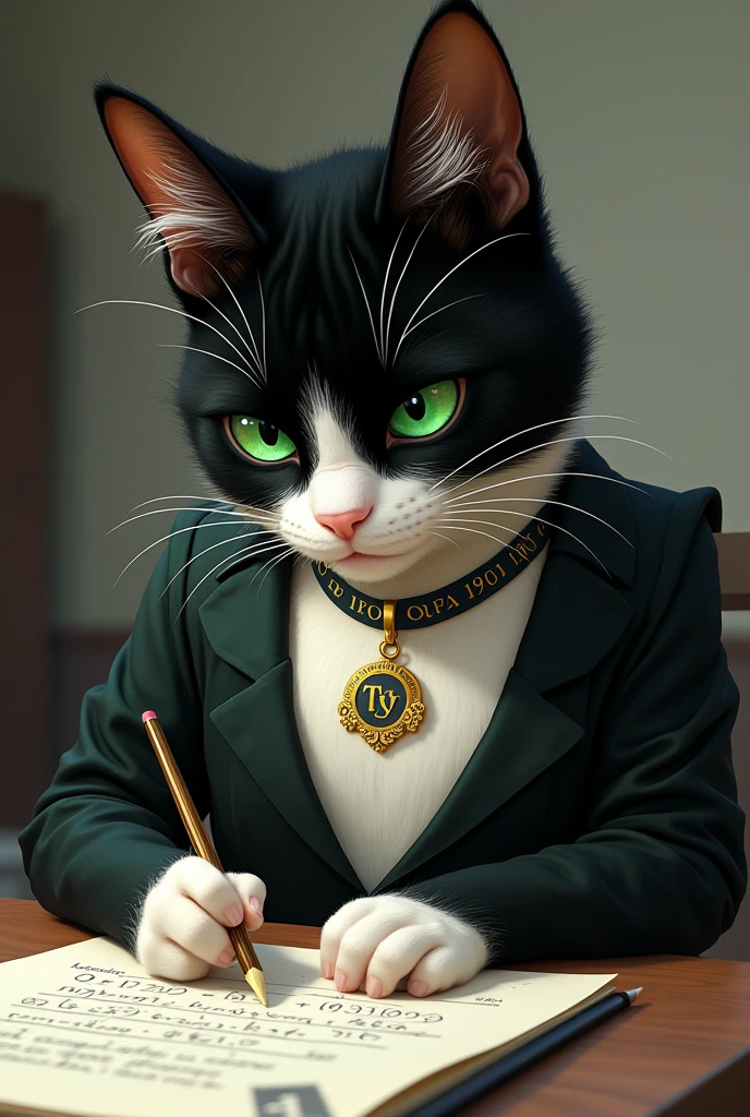 Un chat tuxedo aux yeux verts avec un collier où il est écrit Tybalt. Avec une béquille. En train de faire des calculs.