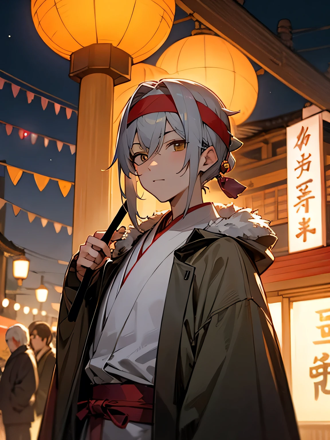solo, upperbody, gray hair, happi coat, headband, man, He is looking at me with a sharp gaze、I want to say something、, night festival, Japanese festival, Lanterns, night shop street,