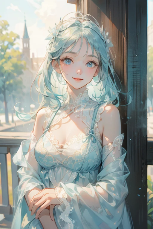 (masterpiece: 1.2, Highest quality), (Actual Photos, Intricate details), 1. woman, alone, Upper Body, bikini、Shoulder-length hair, Minimal makeup, Natural materials, Face close-up, smile, Home, (Light blue hair).blue eyes, Shoulder Bare、Smiling with teeth showing、(In the gap between my breasts).((sexy)).((Outdoor)).((Lace pattern clothing)).