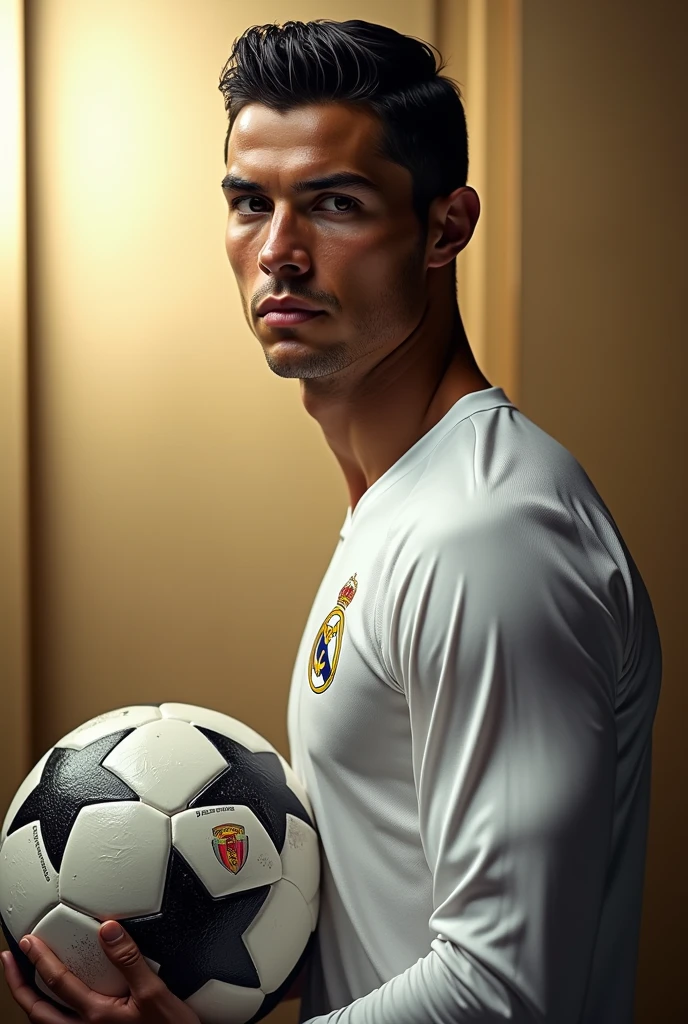 ronaldo holding a ball up his hand showing the back of him cool profile picture cooler with background golden white and black colour