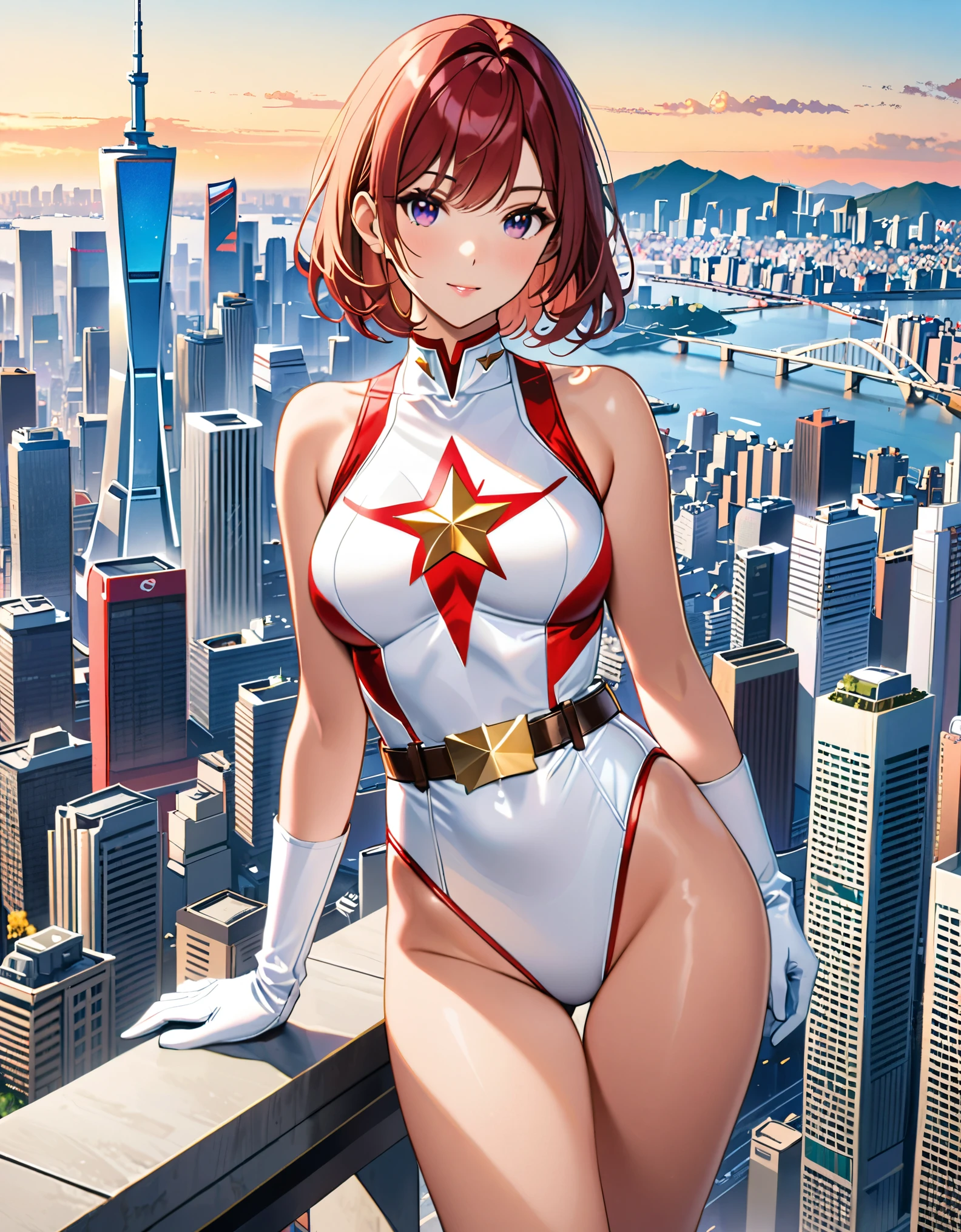 (masterpiece), (best quality), (high res), medium breasts, ((leotard, white and red leotard, matching leotard, sleeveless, bare legs)), ((tight belt, gold belt)), ((boots, matching boots, ankle-high boots, white boots)), ((gloves, white gloves)), city backdrop, tokyo city backdrop, solo, solo focus, standing, (full body), cowboy shot, superhero, ((beautiful detailed eyes)), ((gold star symbol on chest)), (brown hair, medium hair, bob hair, purple eyes), (perfect hands, perfect anatomy), cowboy shot, superhero, ((beautiful detailed eyes)), full body costume design.