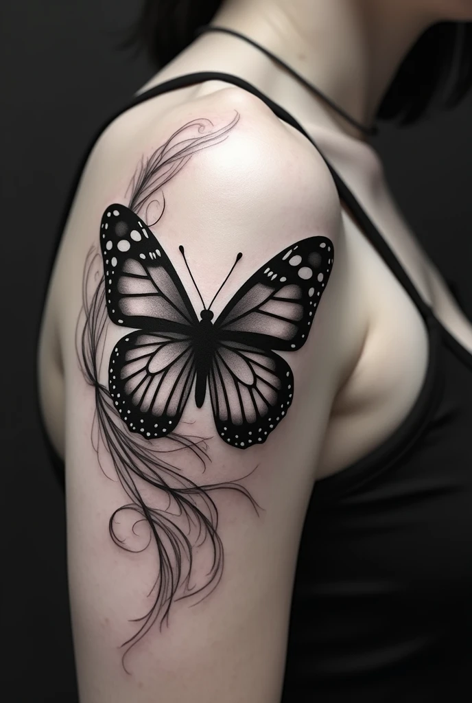 A black tattoo with a butterfly and water 