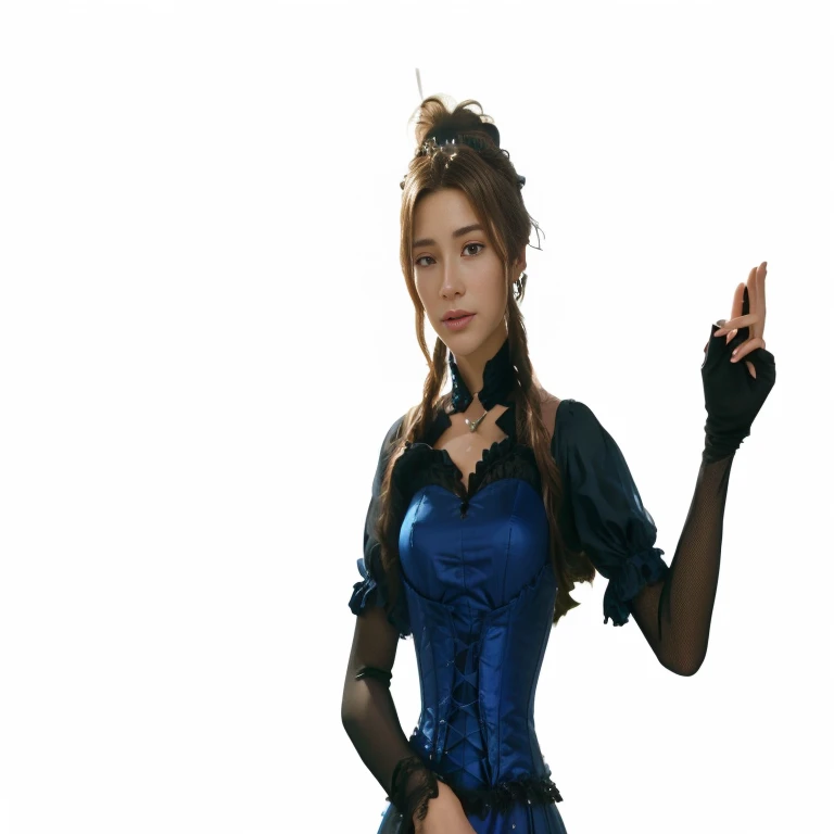 A close-up of a woman in a blue corset dress, glamorous portrait of aerith, beautiful aerith Gainsborough, female protagonist 👀 :8, aerith Gainsborough, ending style + fancy + 15, final fancy character, from final fancy, render of mirabel madrigal, final fancy face, from ff7, 8k portrait rendering, from final fancy vii