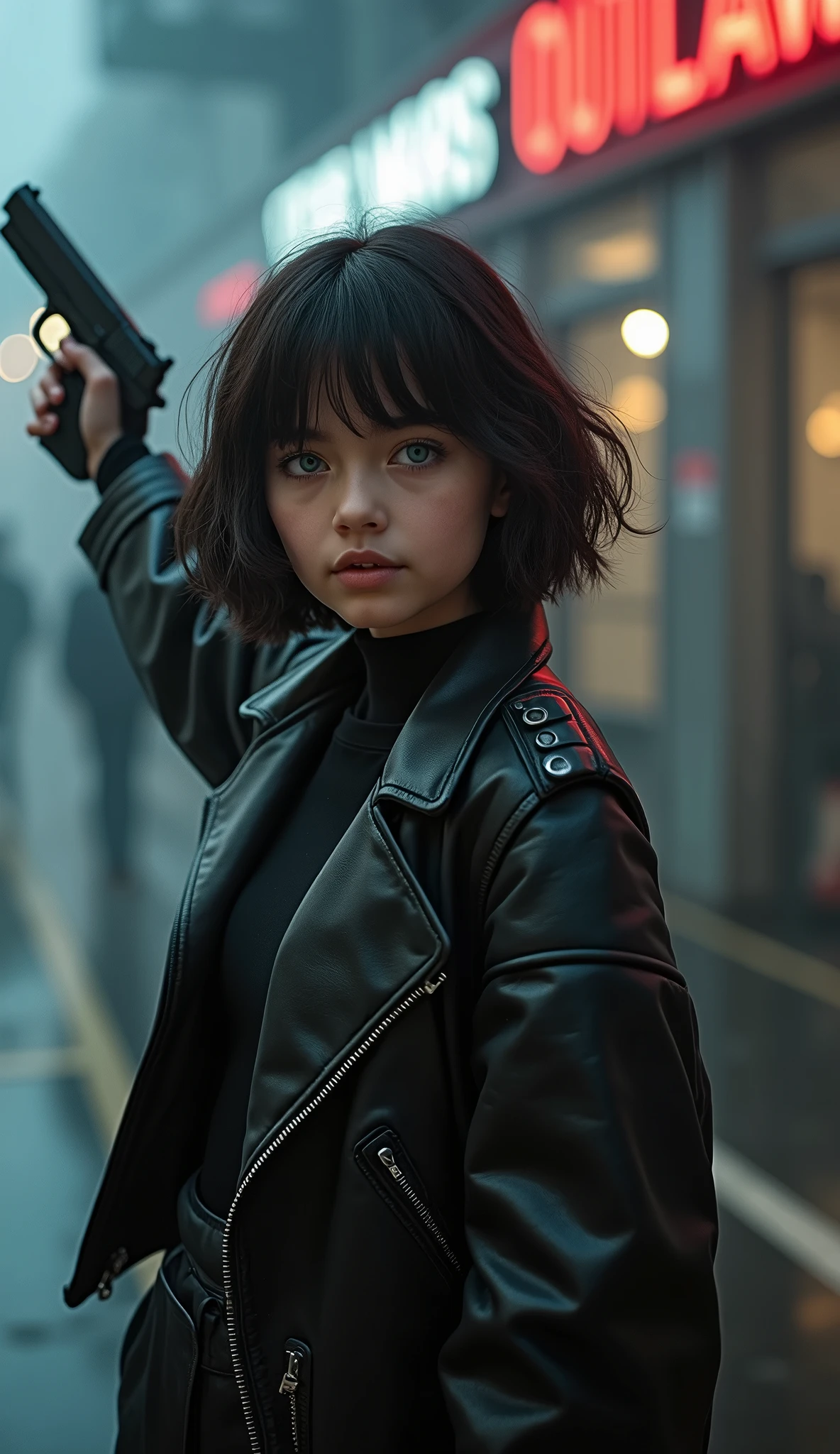 Captured from a high-angle, eye-level perspective, a medium-sized girl, dressed in a black leather jacket, holds a gun in her right hand. Her left hand is raised in the air, while her right arm rests on her hip. Her right arm is draped over her shoulder, adding a pop of color to the scene. The girl's hair is a dark brown, with bangs, and she's looking off to the side. Her eyes are a piercing blue, and her lips are a lighter shade of brown. Her hair is styled in a bob, with a slight smile on her face. The backdrop is blurred in the background there is 3D text that reads "Star Wars Outlaws" in the background at the top of the picture, creating a stark contrast to the girl.
