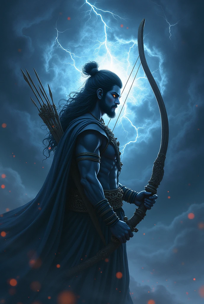 Mysterious shree ram holding bow lighting and dark clouds with infinite aura with side profile and blurry anime type 

