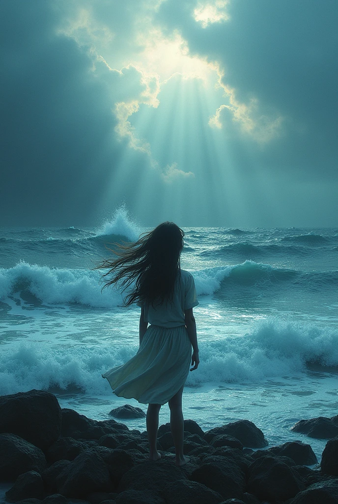A girl backside standing in the white ble dramatic ocean and blue dramatic sky
