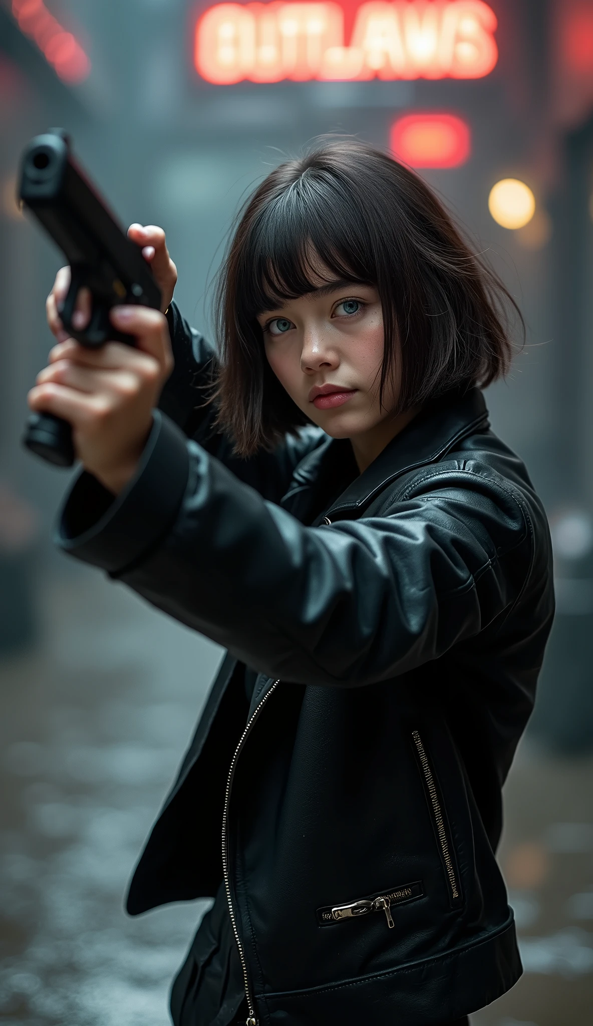 Captured from a high-angle, eye-level perspective, a medium-sized girl, dressed in a black leather jacket, holds a gun in her right hand. Her left hand is raised in the air, while her right arm rests on her hip. Her right arm is draped over her shoulder, adding a pop of color to the scene. The girl's hair is a dark brown, with bangs, and she's looking off to the side. Her eyes are a piercing blue, and her lips are a lighter shade of brown. Her hair is styled in a bob, with a slight smile on her face. The backdrop is blurred in the background there is 3D text that reads "Star Wars Outlaws" in the background at the top of the picture, creating a stark contrast to the girl.