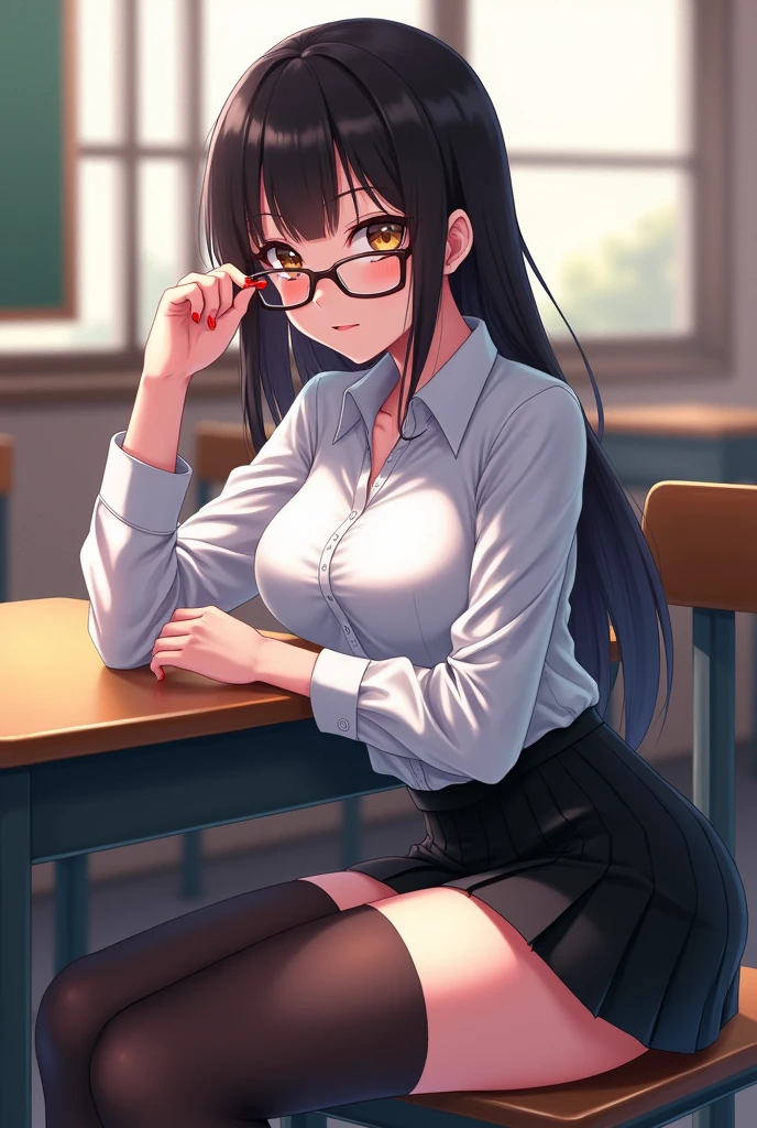 best quality, detailed), 1girl, solo, in classroom, sexy body, squinting, topaz, white shirt, black stockings, short black skirt, (horny face, ahegao face) glasses, Sitting in the desk,ANIME ART,Medium breasts 