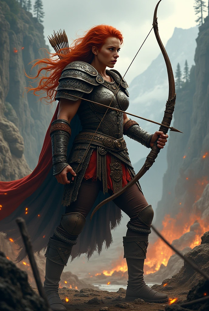 a dark warrior readhead woman archer viking in badass Armor in fight enemy scenery