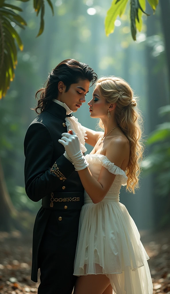 Realistlic photo of dancing couple vintage photo couple between man as Michael Jackson the American king of pop as 1995 era looking and wearing black outfit as France Sun king Louis XVI era outfit and  in heaven acient forest that have large tropical trees as backround is dancing couple with White European Estonian young adult 2 and 167 cm girl kärt with wearing dyed dull blonde very long wavy hair , have arched brown natural eyebrows , have square shaped face , have low cheekbones , have oily skin , have narrow upper lips , have lighted earth blue eyes and is wearing mermaid makeup with blue smokey eyeshadow and pink lipgloss in lips and is wearing White Moon minidress and white gloves