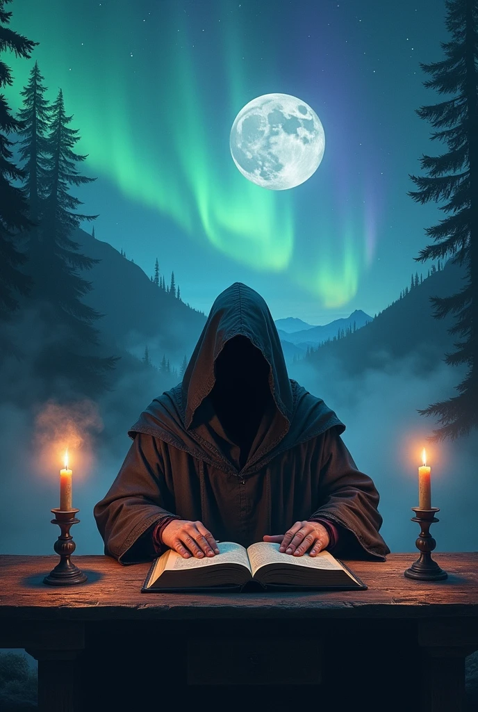A wizard sitting on a table with his cloak over his head and good manly hands with an ancient book in front and in the background there is a dark forrest with mountains in distance and northern lights in the sky with stars and clear sky. His face should be covered by his cloak and there should be magical candles burning. There should be fog all around. NO FACE SHOULD BE VISIBLE. There should be a large moon in sky. The view should be from front of wizard.