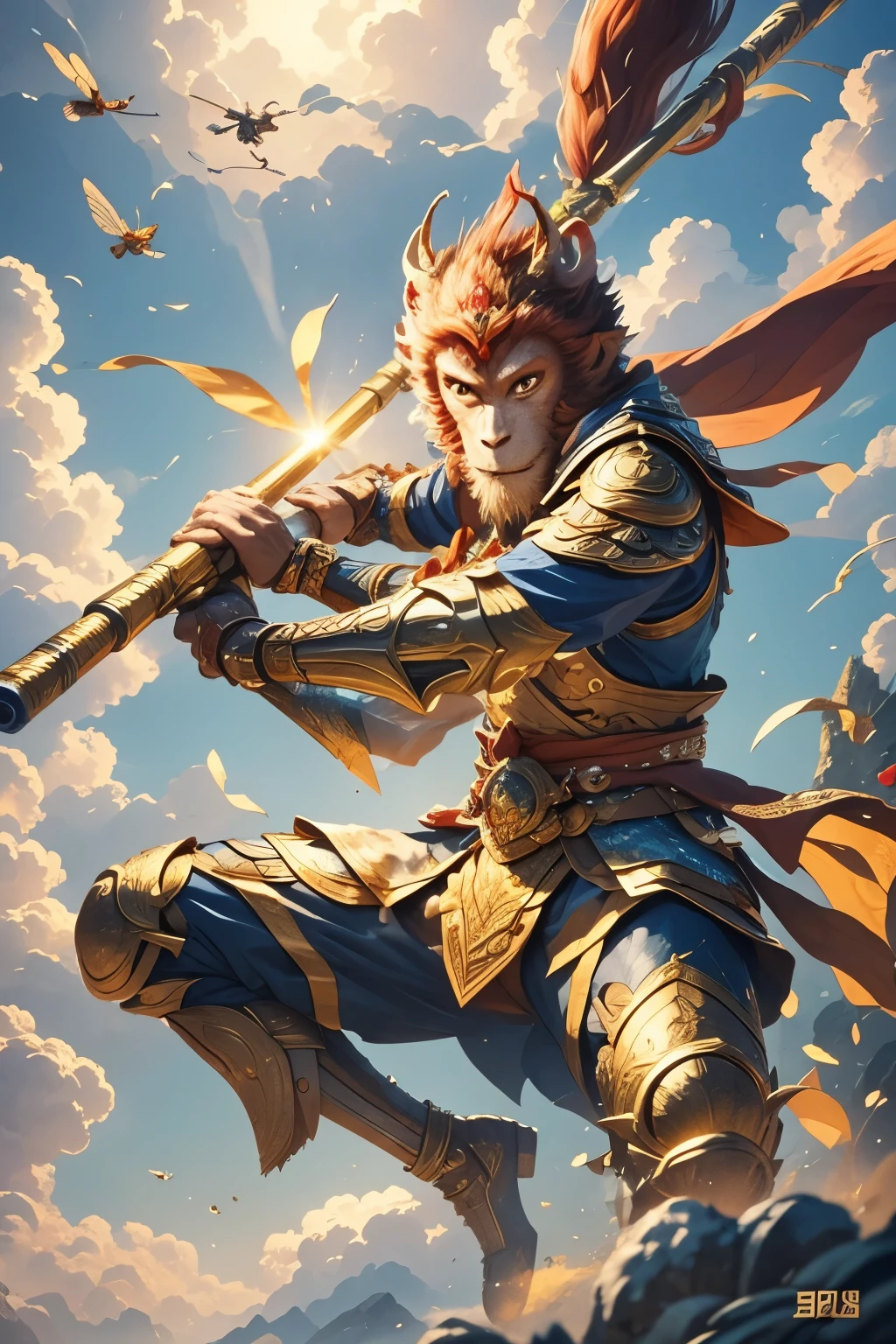 wukong using gun to shoot  flies in the sky,  highres,ultra detailed,best quality,masterpiece