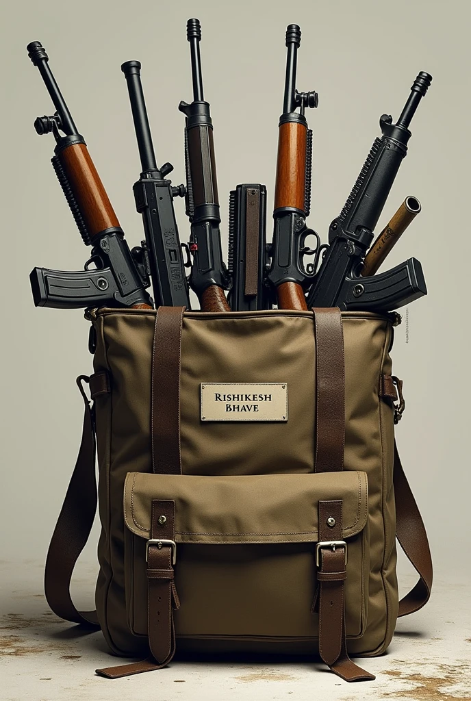 A bag full of guns with a nameplate written on it RISHIKESH BHAVE fully realstic