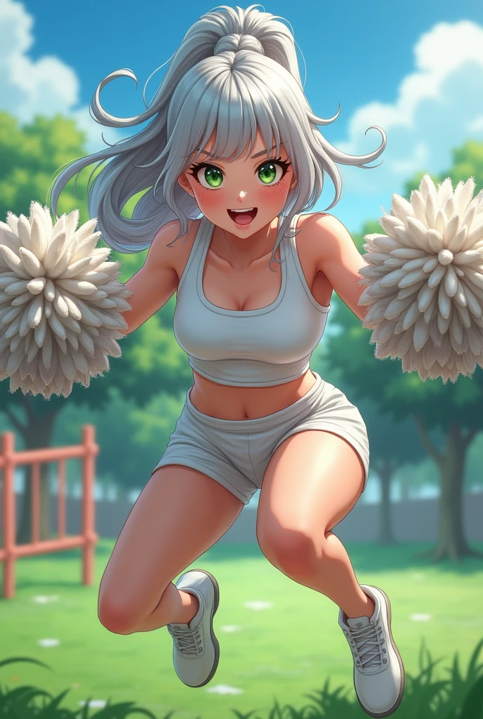 index, index, (green eyes:1.5), silver hair, long hair, Holding pom pom in both hands,Keeping your mouth open,(flat chest:1.2),(Very delicate eyes), (Cheerleader), (whole body), lower, (sweaty), sweaty Wet Clothes, (white clothes), , navel support, playground, (jump), (jump), Bend your legs and jump, air, blue sky, grass原, smile,Cheerleader, pom pom \(Cheerleader\), grass, smile, please raise your hand, Breaking standing looking at viewer, Upper body, whole body,
break outdoors,grit,destroy the playground (masterpiece:1.2), highest quality, High resolution, unity 8k wallpaper, (shape:0.8), (beautiful and detailed eyes:1.6), highly detailed face, perfect lighting, Very detailed CG, (perfect hands, perfect anatomy),