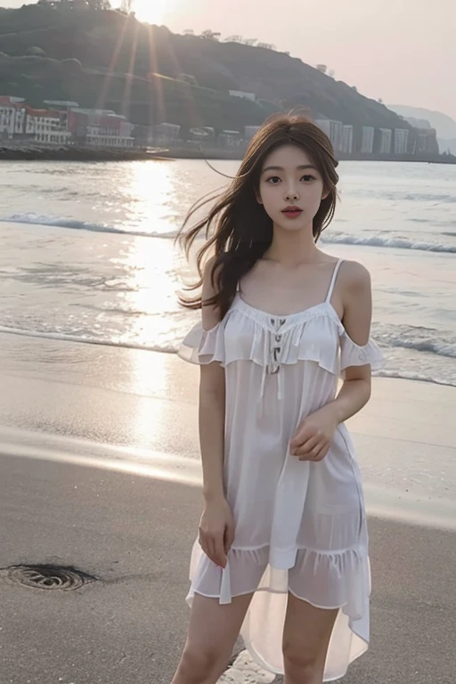 one girl,Beutiful women,Photograph the whole body,At  morning,Along the coast,Put on earrings,Wear a silver necklace,Wear a white dress,Wear a straw hat,Random poses