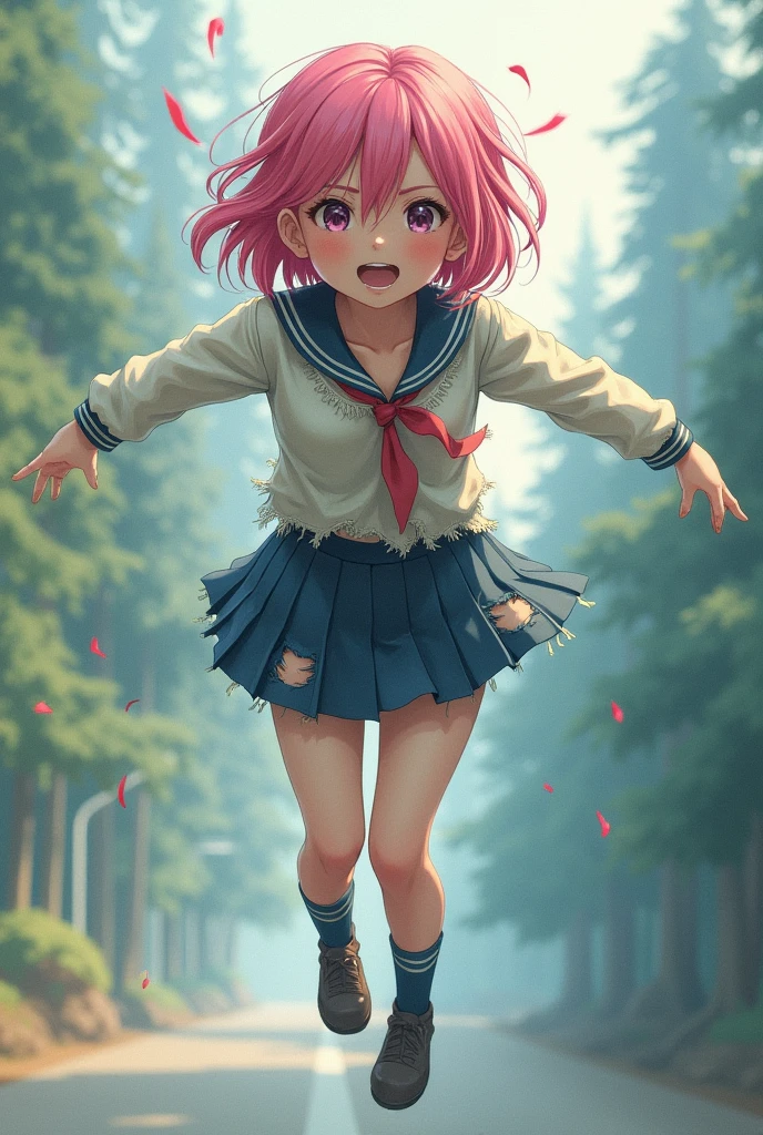 Woman, fly away, pink hair, shorth hair, torn school uniform, slightly rounded cheeks