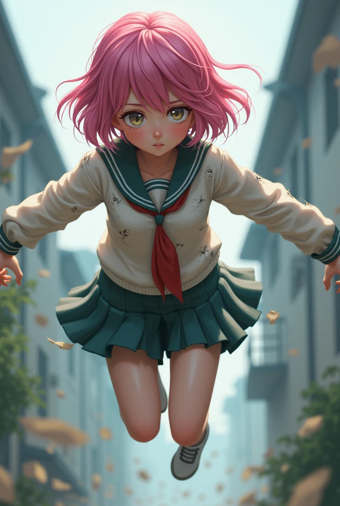 Woman, fly away, pink hair, shorth hair, torn school uniform, slightly rounded cheeks