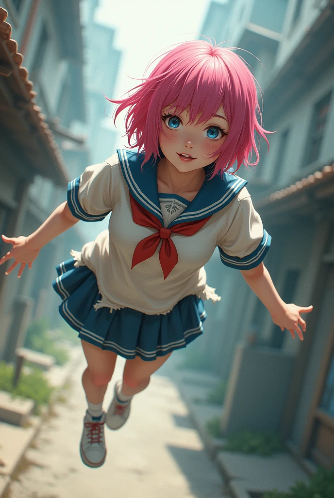 Woman, fly away, pink hair, shorth hair, torn school uniform, slightly rounded cheeks