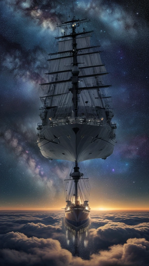 Photorealistic photo of a huge warship sailing above the clouds in the middle of a starry sky, Celestial, Colorful stars々Shining night sky, Fantasy Theme, Cinema Lighting, Vivid lighting,4K,8K High Resolution,Fantasy,