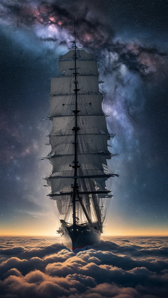 Photorealistic photo of a huge warship sailing above the clouds in the middle of a starry sky, Celestial, Colorful stars々Shining night sky, Fantasy Theme, Cinema Lighting, Vivid lighting,4K,8K High Resolution,Fantasy,