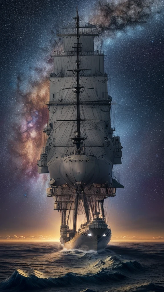 Photorealistic photo of a huge warship sailing above the clouds in the middle of a starry sky, Celestial, Colorful stars々Shining night sky, Fantasy Theme, Cinema Lighting, Vivid lighting,4K,8K High Resolution,Fantasy,