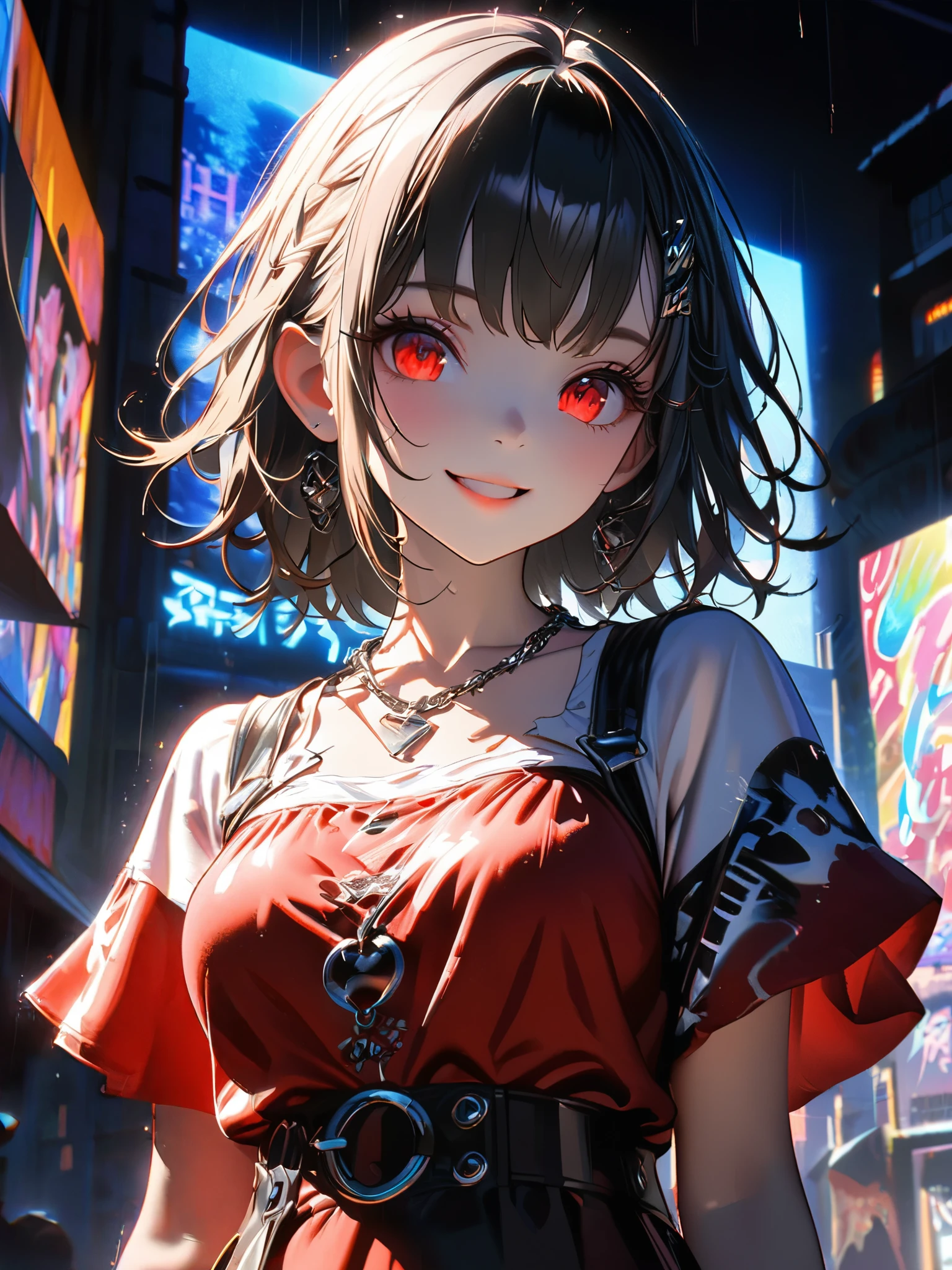 1 girl, chromatic aberration, Written boundary depth, Soft Light, masterpiece, Highest quality, complicated, Tone Mapping, A place where fireworks are set off at festivals. Concept Art, Smooth, Clear focus, Dramatic lighting, Very cinematic, super practical painting, アートステーション's trending, 8k, Incredible Shadows, practical, whole body, View, Viewers, Portrait of a Girl 1, standing on street corner, Heavy rain and lightning、Dark Sky, neon and cyber punk background, she is dressed in punk clothing with silver chains and silver spikes, Her hair was dyed a bright black color..........Ominous aura of light, smile, punk, ciber punk, Backlight.Fashionable clothes、Friendly dress code:Wearing a cute red dress.My breasts are a little big.Beautiful red eyes