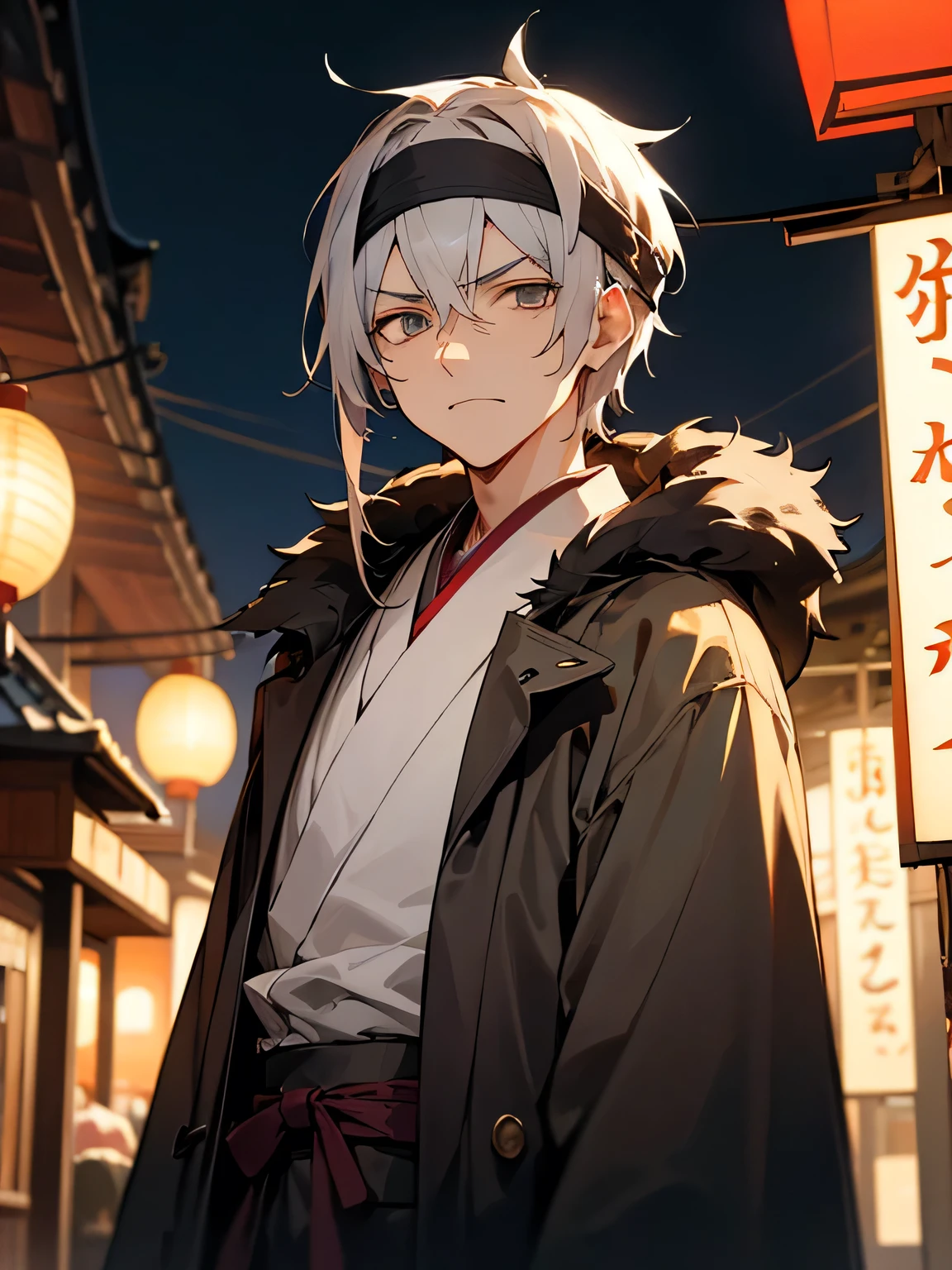 solo, upperbody, gray hair, happi coat, headband, man, A resentful expression,He is looking at me with a sharp gaze、I want to say something、, night festival, Japanese festival, Lanterns, night shop street,